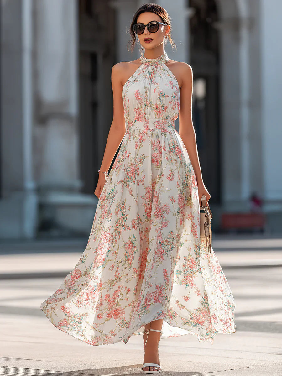Dames Halternek Bloemenprint Maxi Jurk Hoge Taille Flowy A-lijn Lange Jurk Voor Zomer Strandfeest Bruiloftsgast
