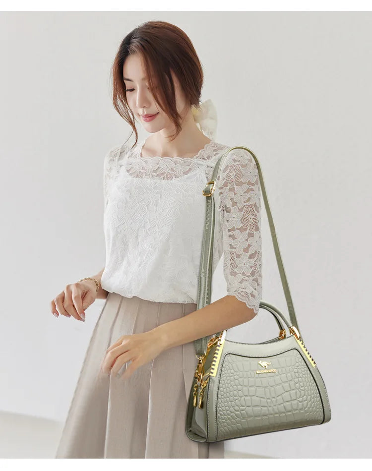 Borsa a tracolla alla moda da donna con motivo coccodrillo, per lavoro, pendolarismo, grande a conchiglia, apertura con cerniera, guscio rigido