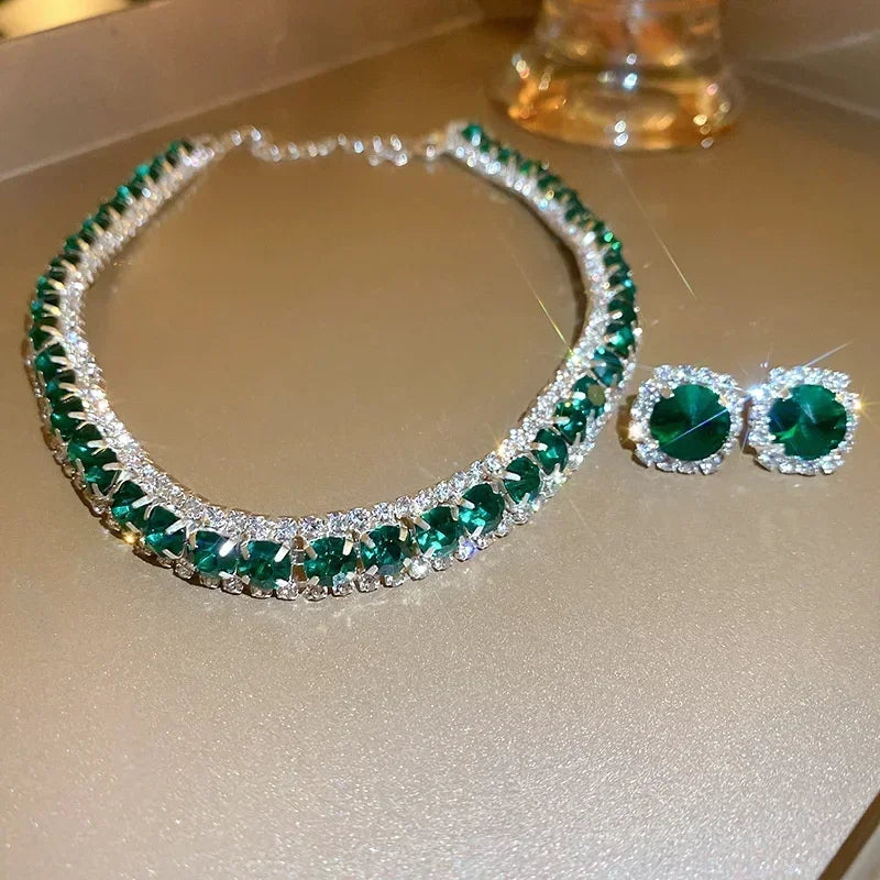 Damesketting & oorbellen met strass Trendy sieradenset Modieuze accessoires voor feestjes & dagelijkse kledingdecoratie