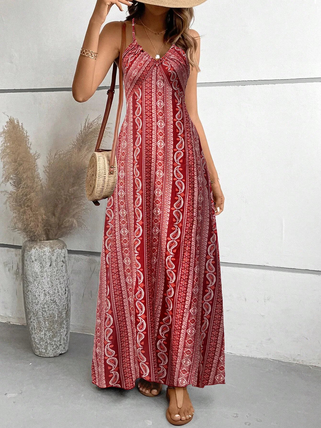 Dames Zomer Jurk met Etnisch Patroon, Open Rug en Split - Dames Zomerkleding Boho Mode Ruches Lange Jurk voor Strand