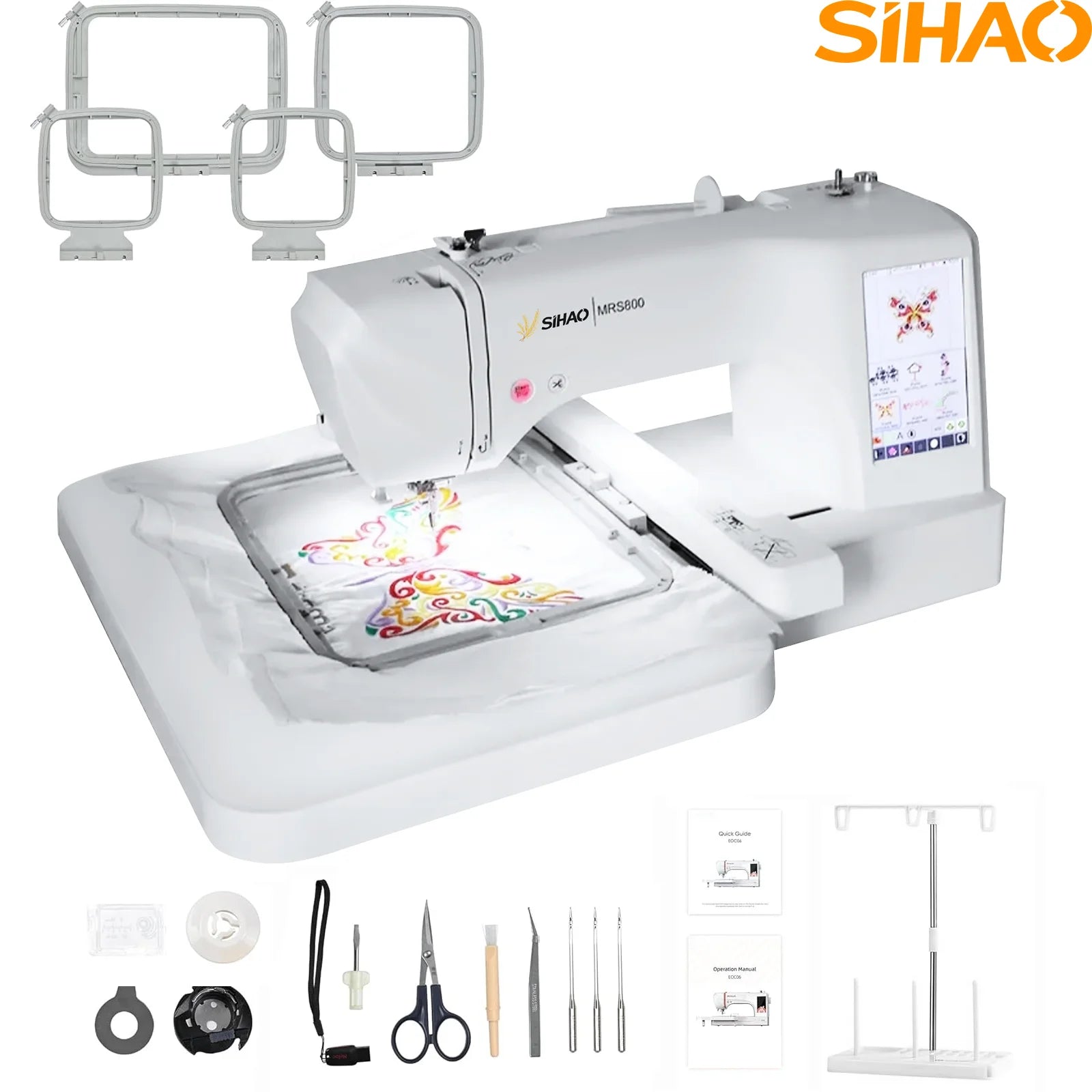 Macchina da ricamo SIHAO, multifunzione, automatica, computerizzata, per uso domestico, LOGO MRS800, con schermo LCD touchscreen, telai da ricamo
