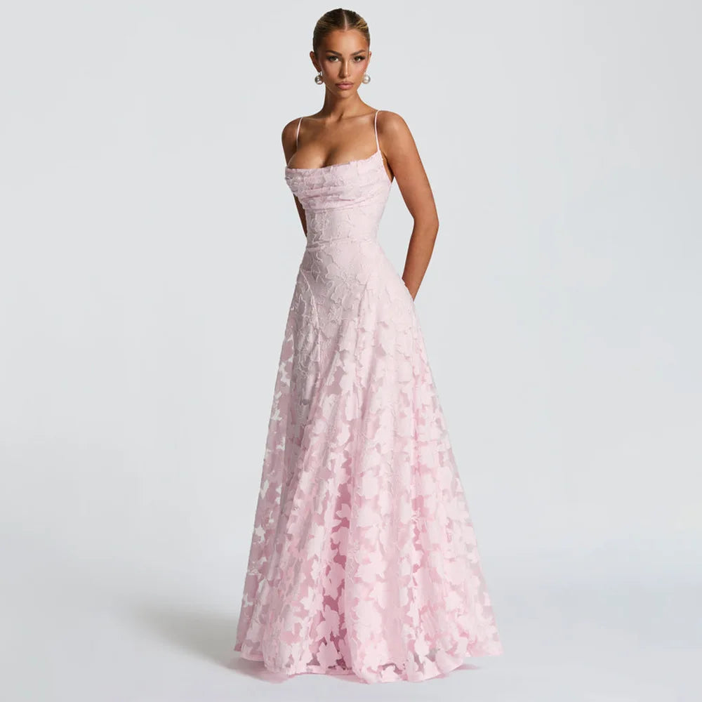 Jacquard Chiffon Lange Jurk Dames Mouwloze Bandage Jurken Zomer Avond Bruiloft Gast Groen Wit Bordeauxrood Roze Afstuderen