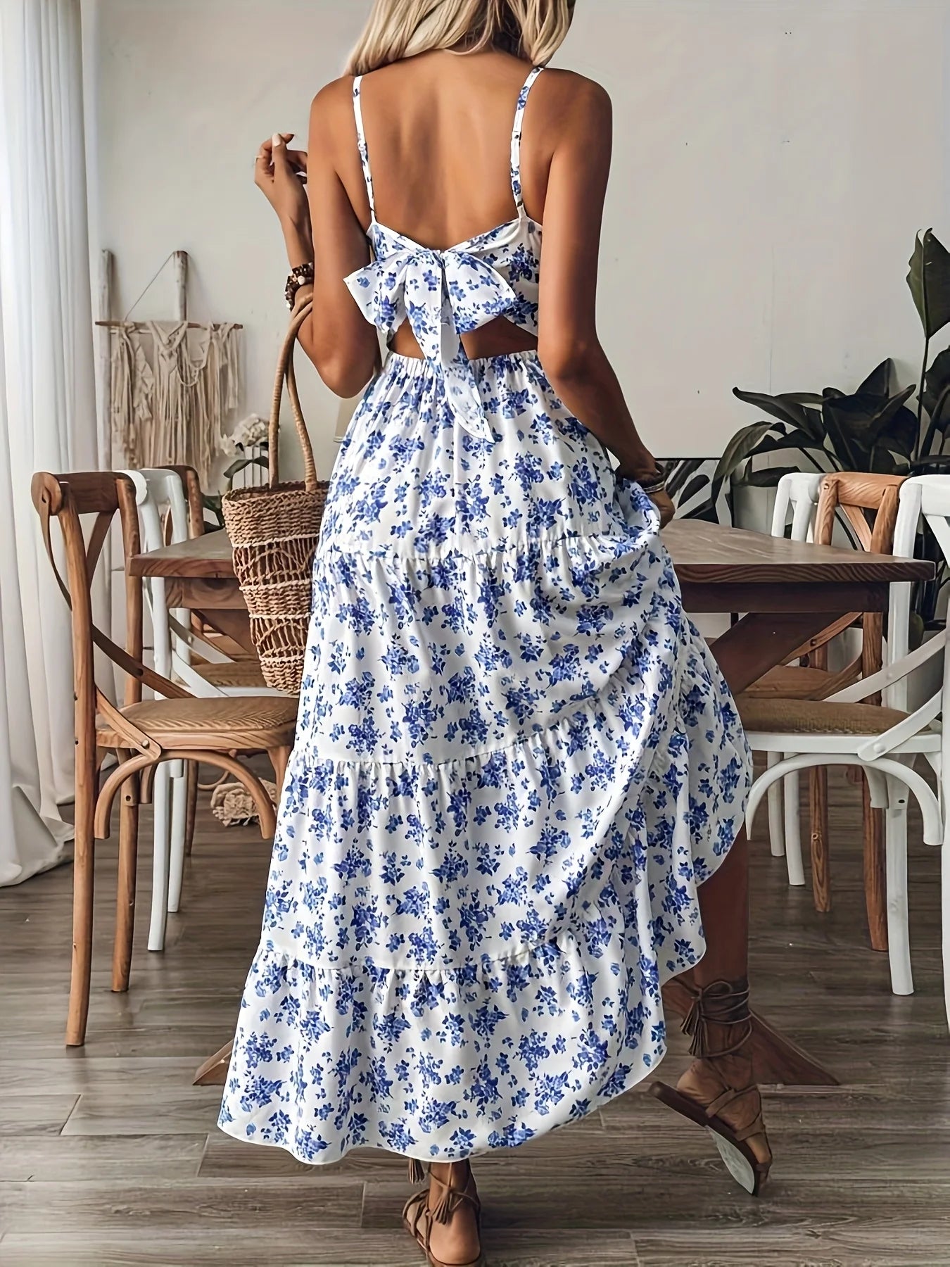 Women's Blue Floral Print Maxi Dress V-Neck Spaghetti Strap Backless Bow Tie Tiered Long Dress 2026 Summer Casual Beach Sundress