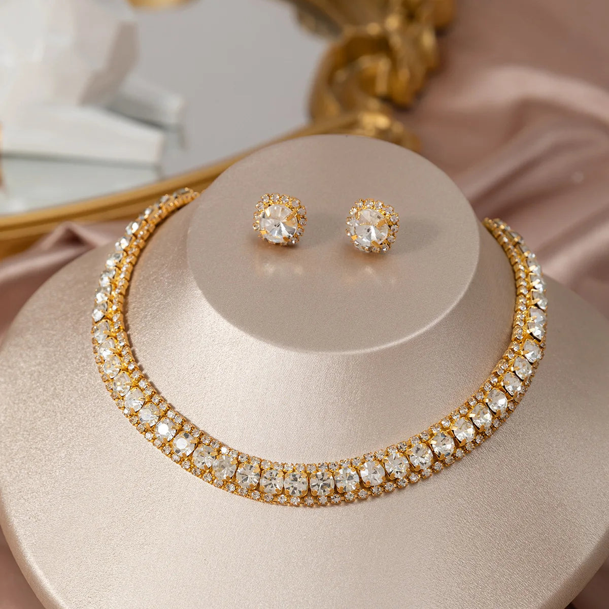 Damesketting & oorbellen met strass Trendy sieradenset Modieuze accessoires voor feestjes & dagelijkse kledingdecoratie