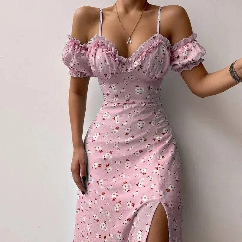 Ruches Bloemen Feest Sexy Jurk Dames Zomer Elegante Strappy Off Shoulder Jurken Vrouwelijke V-hals Slim Maxi Bedrukte Jurk Robe 21764