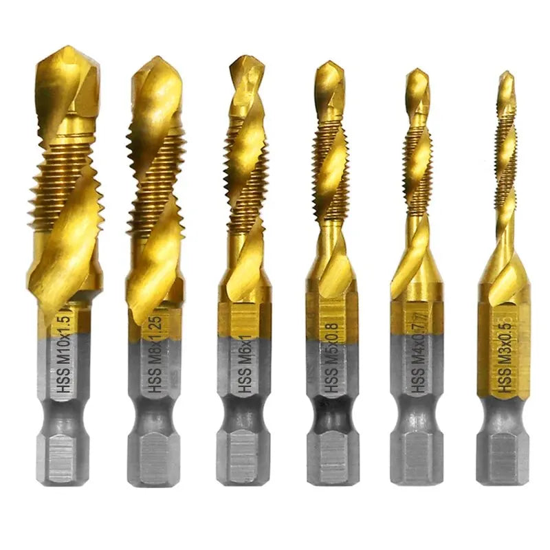 6-delige hogesnelheidsstaal 4341 titanium gecoate samengestelde tapboor en tap geïntegreerde machinetap openings- en afschuiningsgereedschapset
