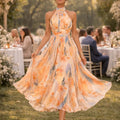 Abito lungo da donna senza schienale con spalline floreali e scollo all'americana in colore dopamina, stile temperamento, abito estivo da spiaggia di alta qualità per il mare