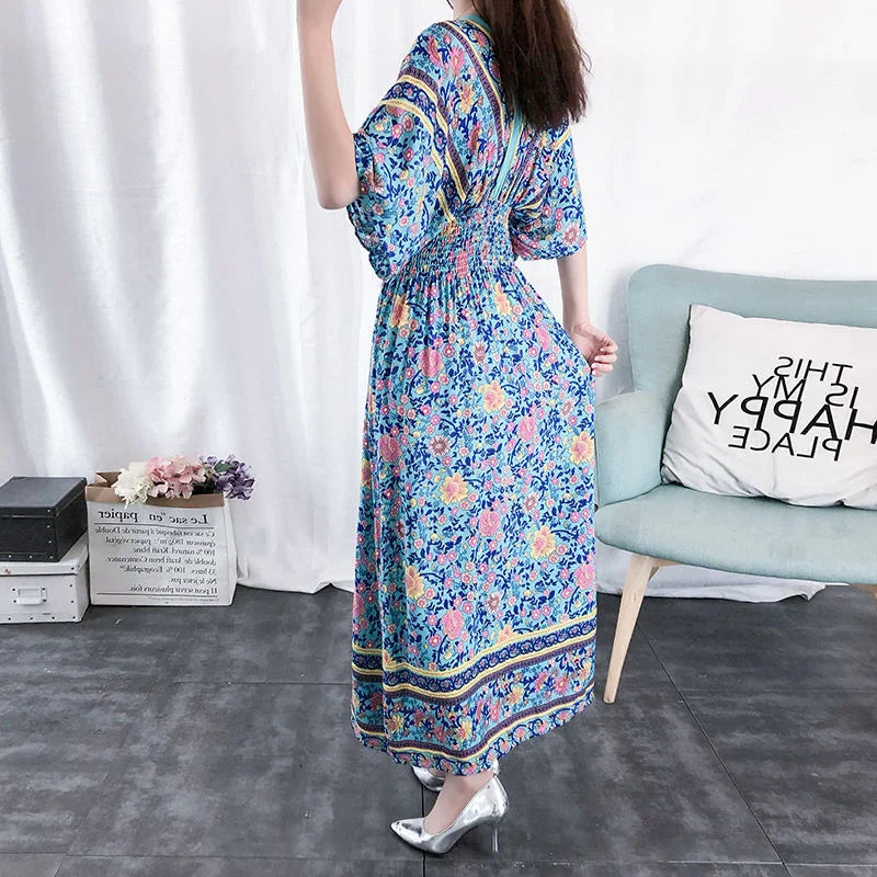 Long Women's Dress Boho Ethnic Bohemian Beach Cotton Blend Artificial Floral Short Sleeve V-neck Vintage Vacation Vestidos Robe