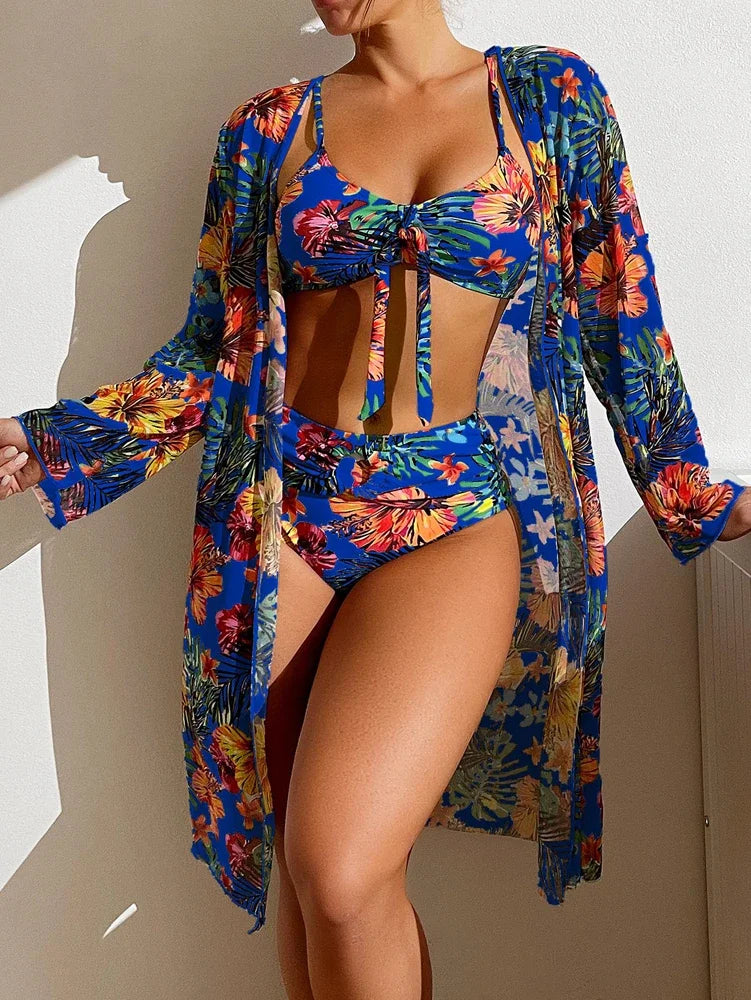 Costume da bagno bikini sexy a vita alta a 3 pezzi con stampa floreale taglia 3XL-S da donna con camicetta a maniche lunghe in rete Super Saldi