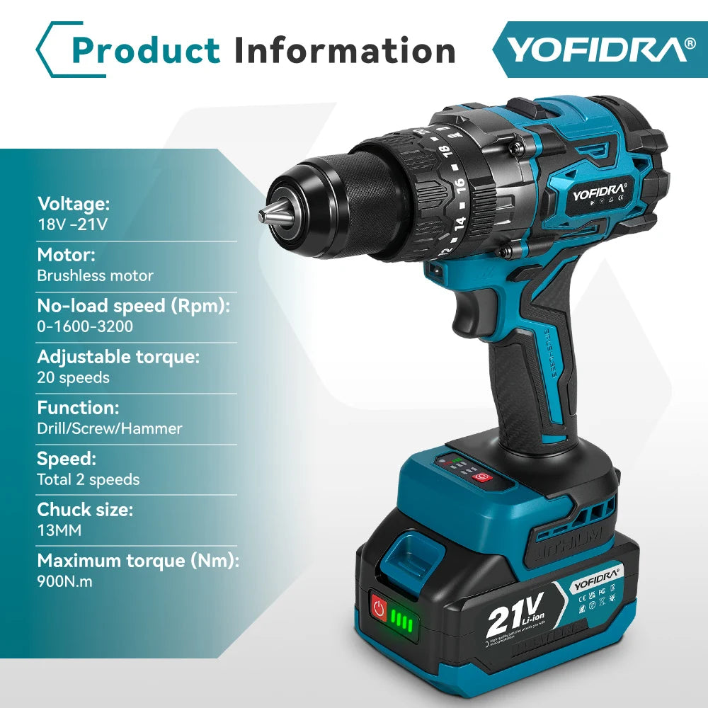 YOFIDRA 900 N.M Trapano Avvitatore a Percussione Elettrico Brushless da 13mm Senza Fili Strumento Elettrico per Legno per Batteria Makita 21V