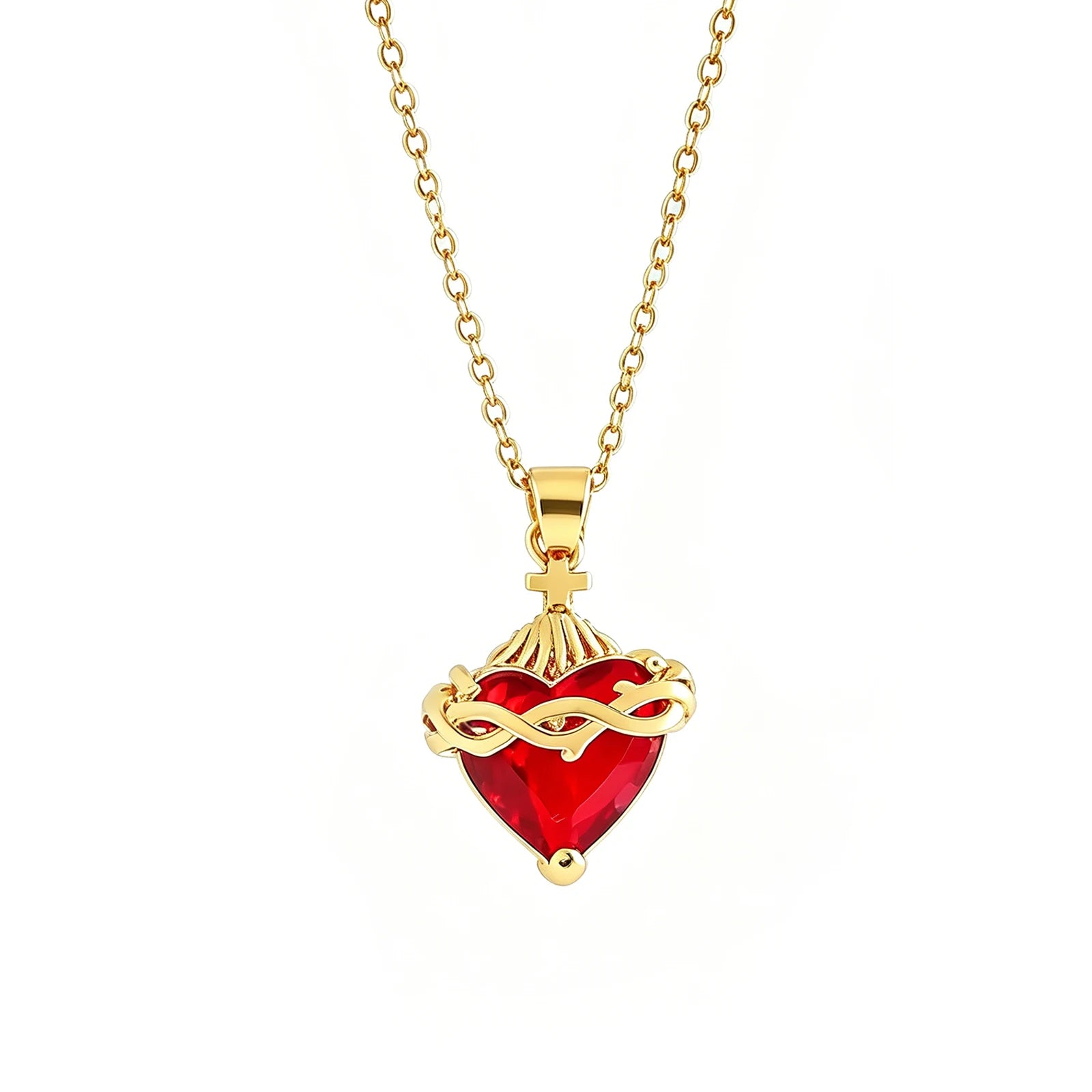 SUNSLL Sacro Cuore Rosso Croce Zircone Cubico Ciondoli Collane Lusso Donne Placcato Oro Romantico Amore Anniversario Gioielli Regalo