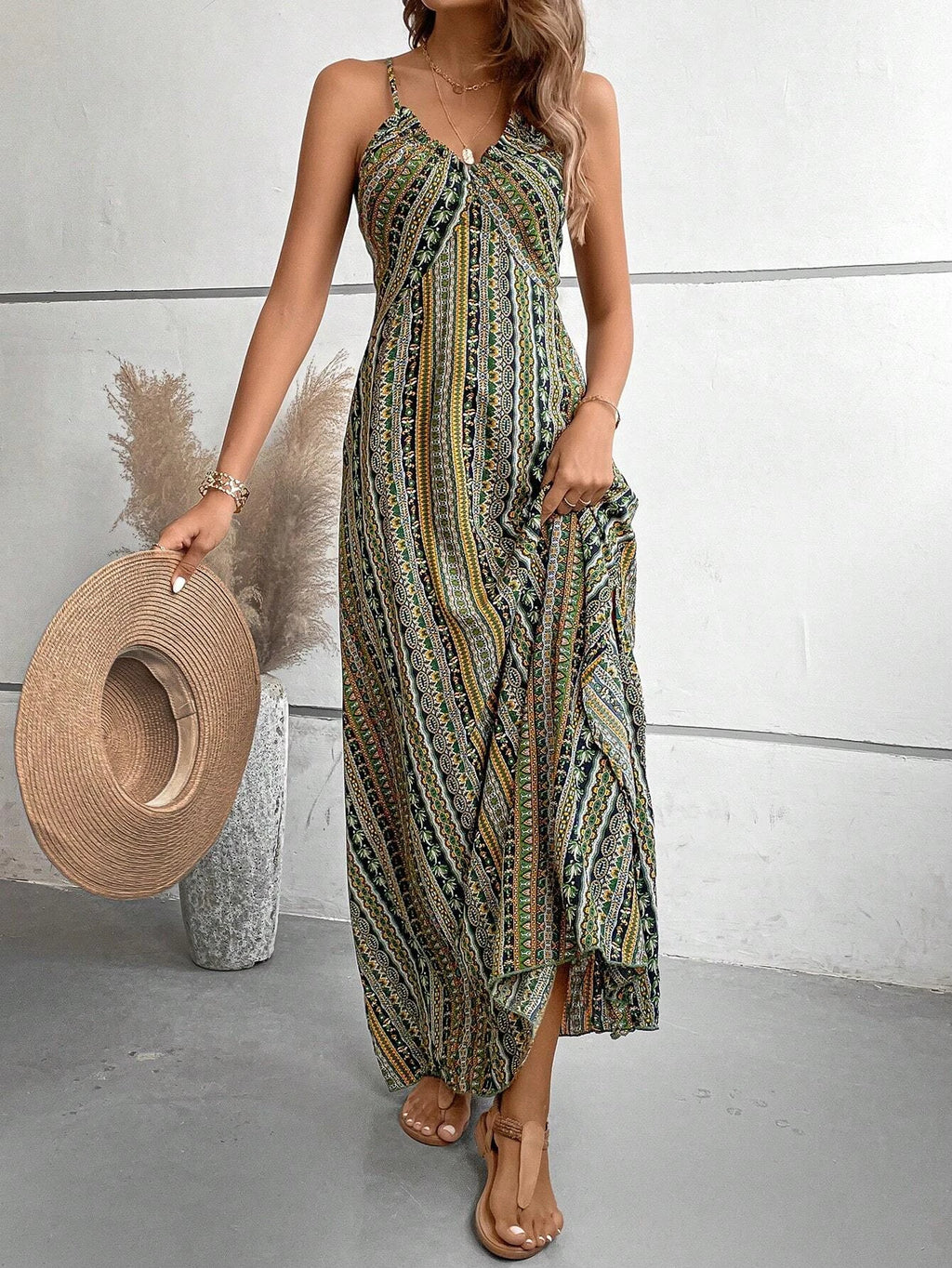 Dames Zomer Jurk met Etnisch Patroon, Open Rug en Split - Dames Zomerkleding Boho Mode Ruches Lange Jurk voor Strand