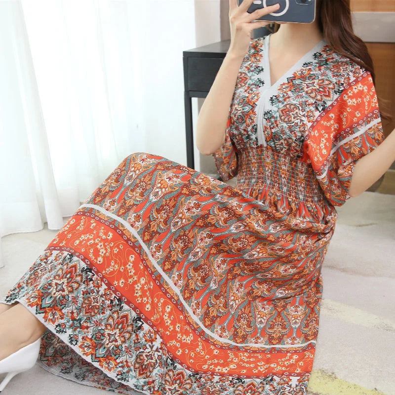 Long Women's Dress Boho Ethnic Bohemian Beach Cotton Blend Artificial Floral Short Sleeve V-neck Vintage Vacation Vestidos Robe