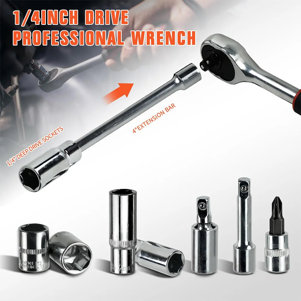 Camecho 53 stuks/set 1/4-inch autoreparatieset dopsleutelset autoreparatiegereedschap ratelmoment sleutelcombinatieautoreparatieset