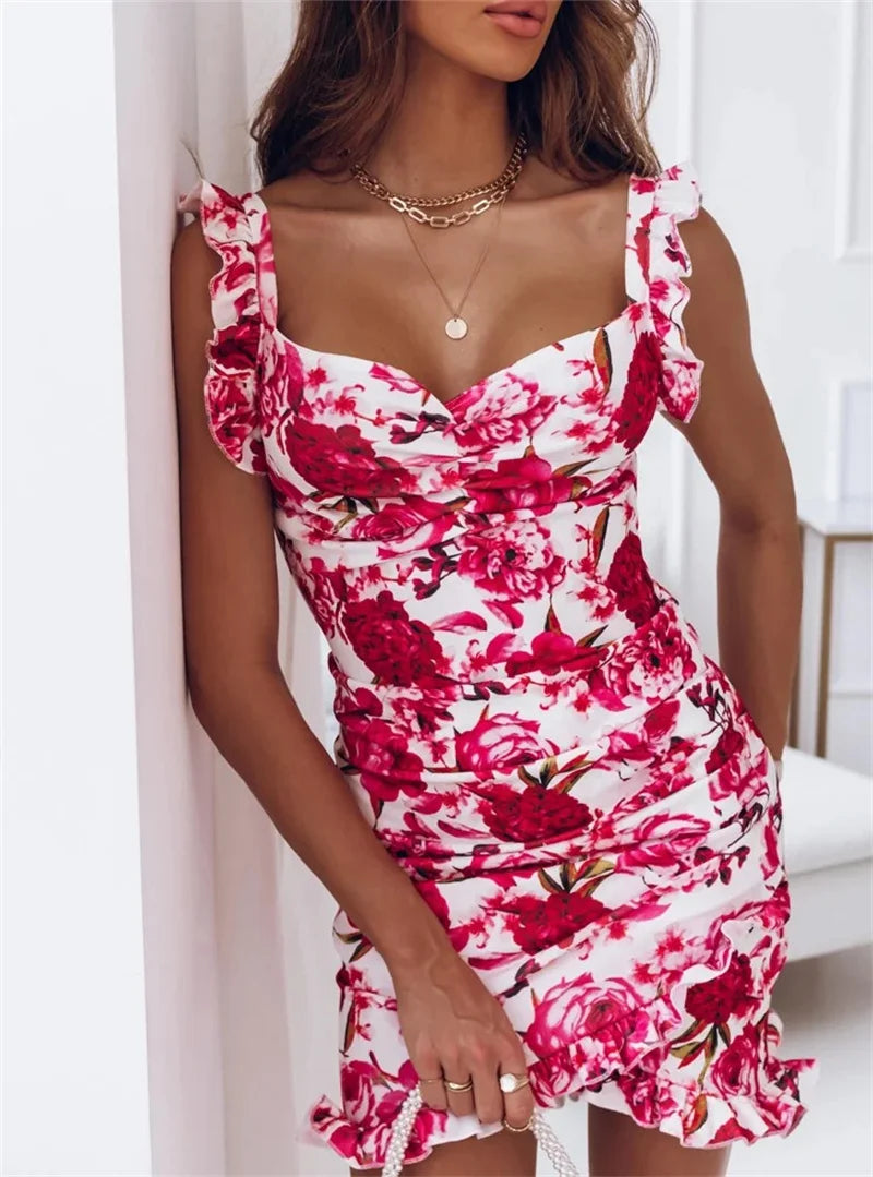 Sexy Jurken voor Vrouwen Date Night - V-hals Mouwloze Ruches Bloemenprint Zomerjurk Casual Nauwsluitende Jurk