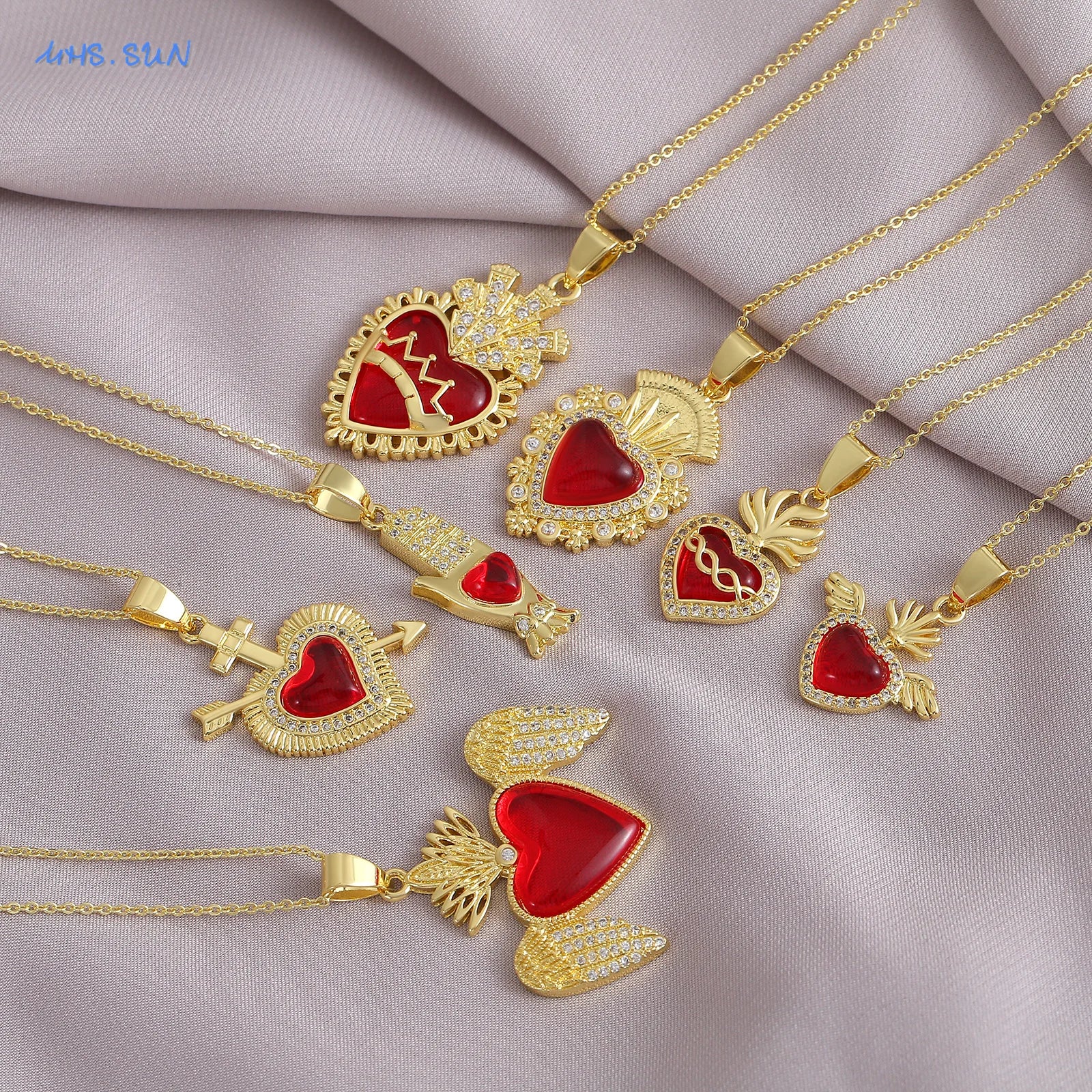 SUNSLL Sacro Cuore Rosso Croce Zircone Cubico Ciondoli Collane Lusso Donne Placcato Oro Romantico Amore Anniversario Gioielli Regalo
