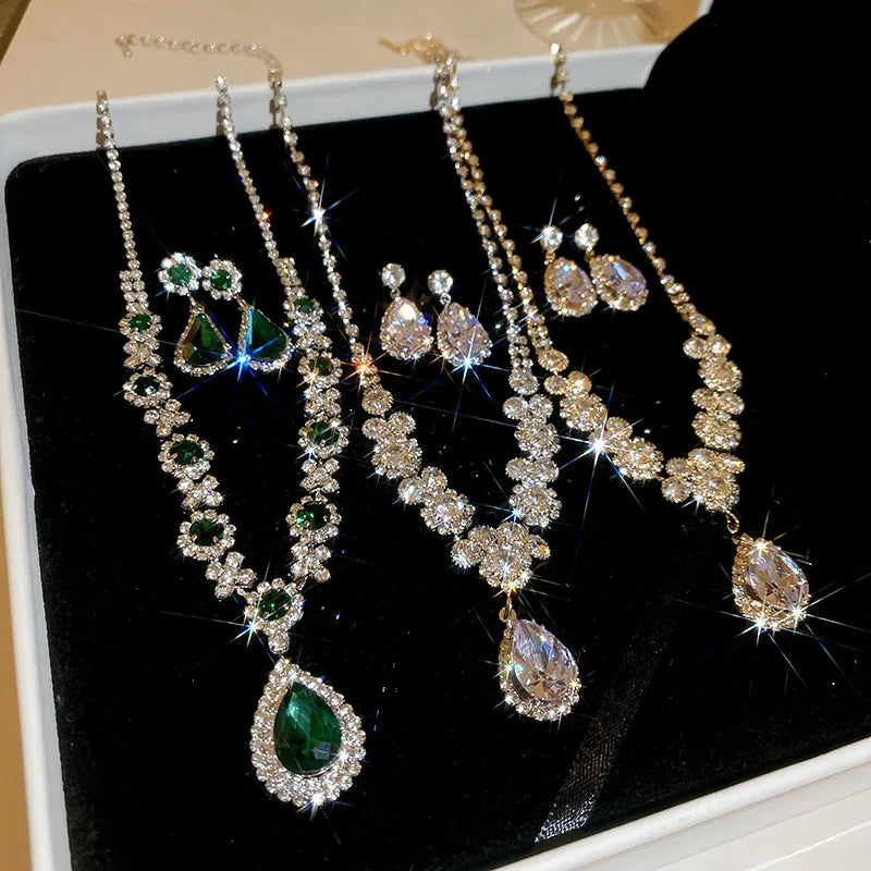Collana con strass lucidi e orecchini a goccia grandi per donna, Set di gioielli da sposa per abiti da sera