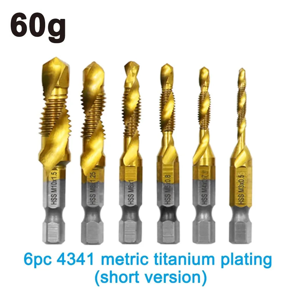 6-delige hogesnelheidsstaal 4341 titanium gecoate samengestelde tapboor en tap geïntegreerde machinetap openings- en afschuiningsgereedschapset