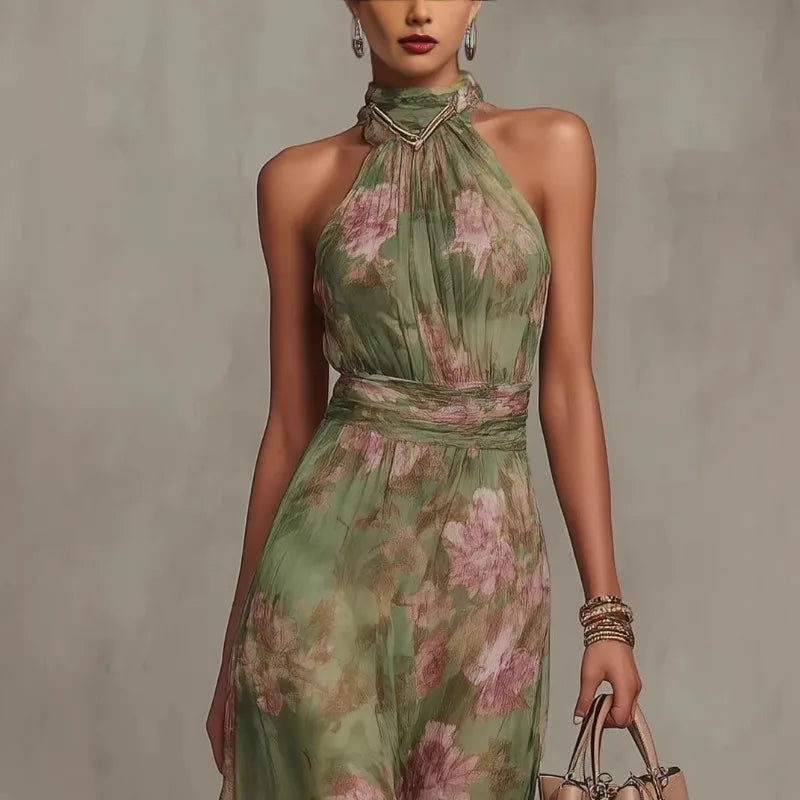 Elegante abito lungo da sera con spacco irregolare in rete arricciata stampata, canotta sexy, senza maniche, con scollo all'americana e chiffon svolazzante