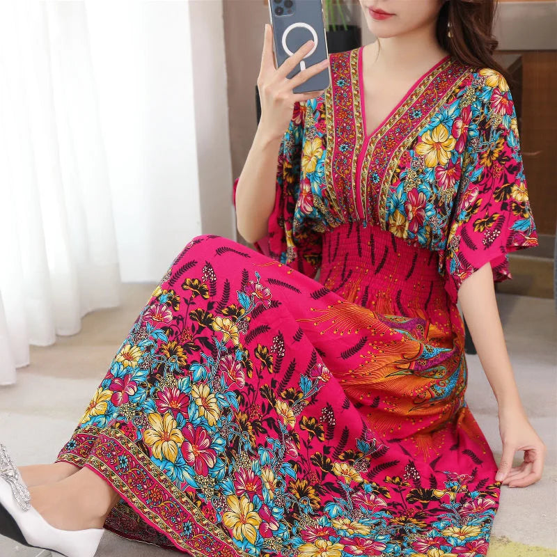 Long Women's Dress Boho Ethnic Bohemian Beach Cotton Blend Artificial Floral Short Sleeve V-neck Vintage Vacation Vestidos Robe