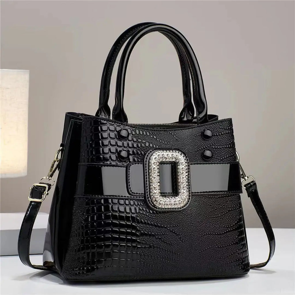 Borse Da Donna In Pelle Verniciata Di Lusso Con Strass, A Tracolla Con Motivo Coccodrillo E Manico In Metallo