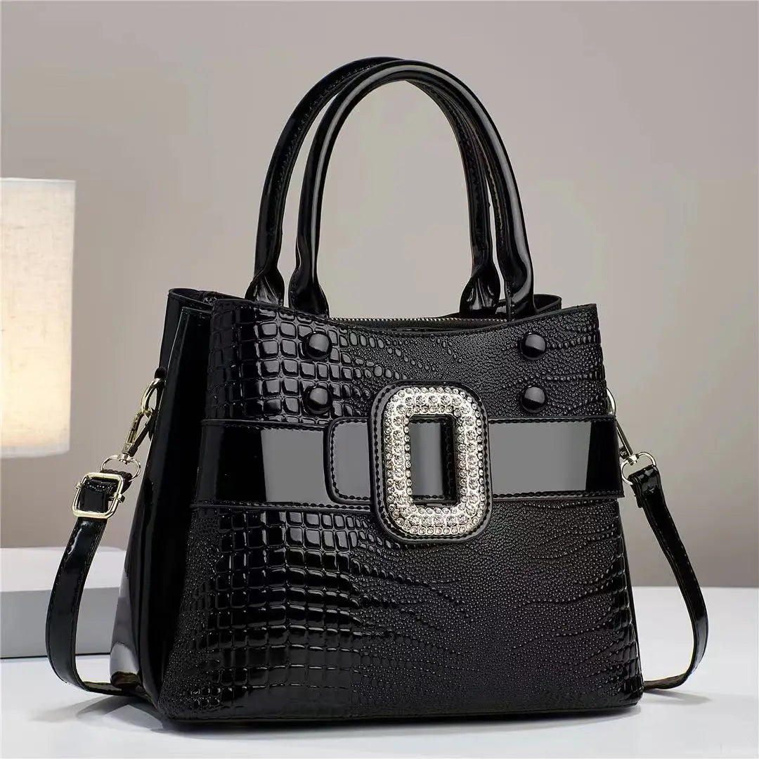 Borse Da Donna In Pelle Verniciata Di Lusso Con Strass, A Tracolla Con Motivo Coccodrillo E Manico In Metallo