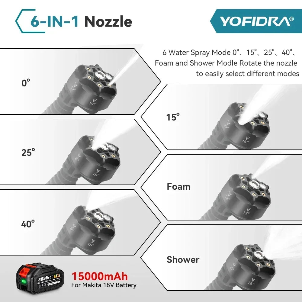 YOFIDRA 200Bar Brushless Electric High Pressure Washer 6-in-1 Car Washing Garden Water Gun For Makita 21V Battery Pin Spray Gun