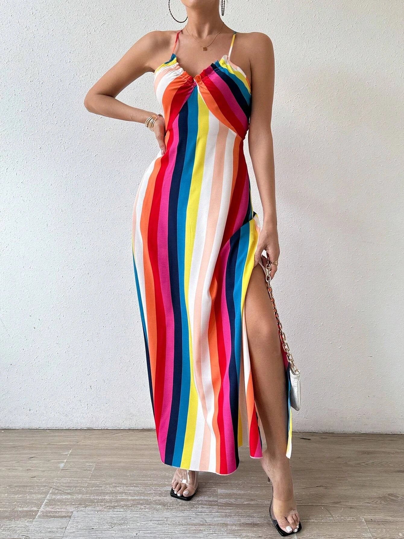 Dames Zomer Jurk met Etnisch Patroon, Open Rug en Split - Dames Zomerkleding Boho Mode Ruches Lange Jurk voor Strand
