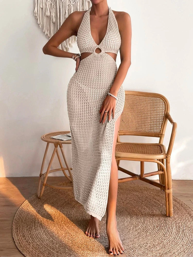 Modieuze en Elegante Wollen Jurk Dames Bikini Geblokte Effen Ronde Hals Holle Rok