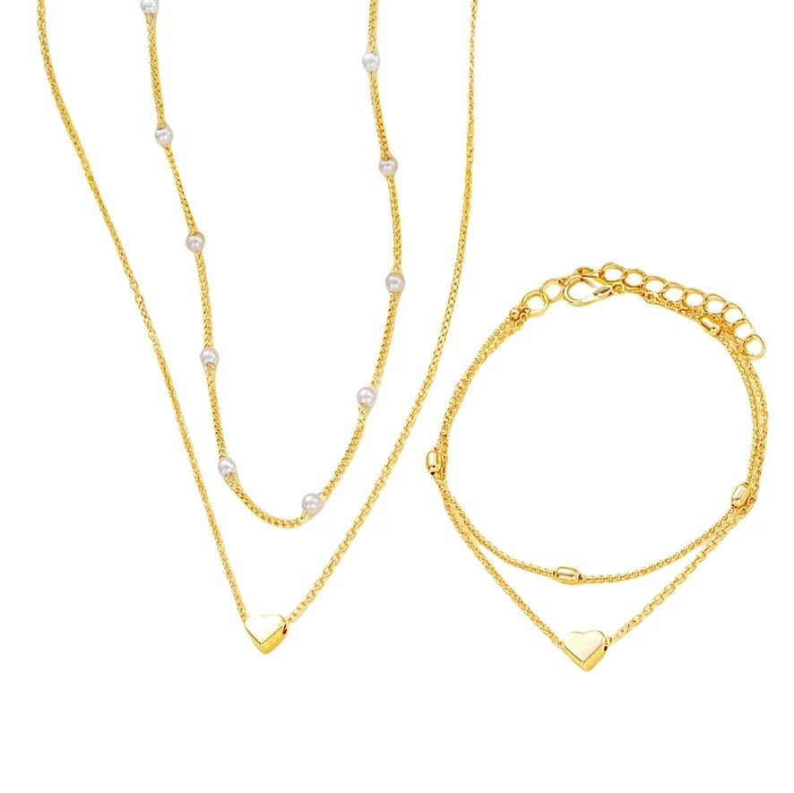 Set di gioielli a forma di cuore con perle finte per donne, collana e bracciale con perline rotonde color oro e argento, accessori per l'uso quotidiano