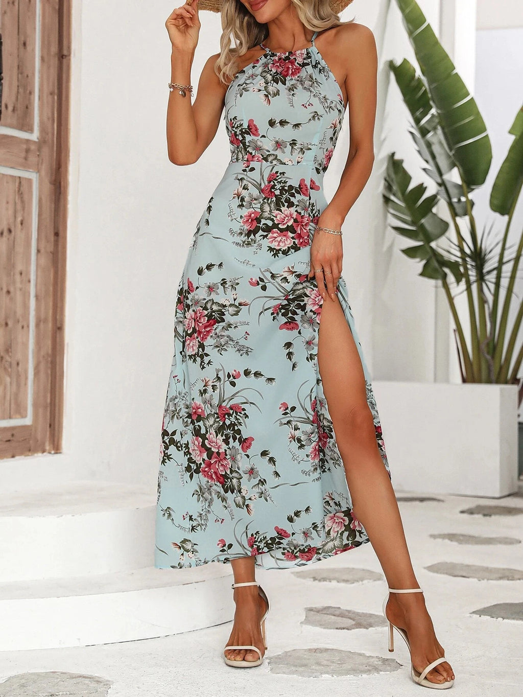 Bloemenprint Hoge Split Dij Halterjurk voor Dames - Zomer Mouwloos Sexy Nauwsluitende Strandfeest Clubkleding