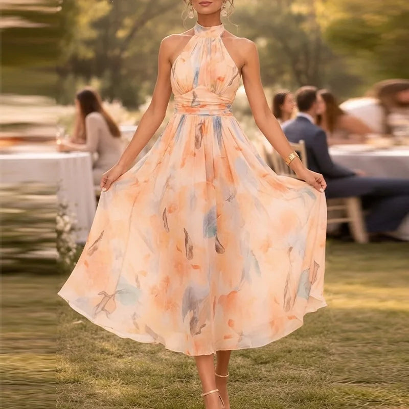 Abito lungo da donna senza schienale con spalline floreali e scollo all'americana in colore dopamina, stile temperamento, abito estivo da spiaggia di alta qualità per il mare