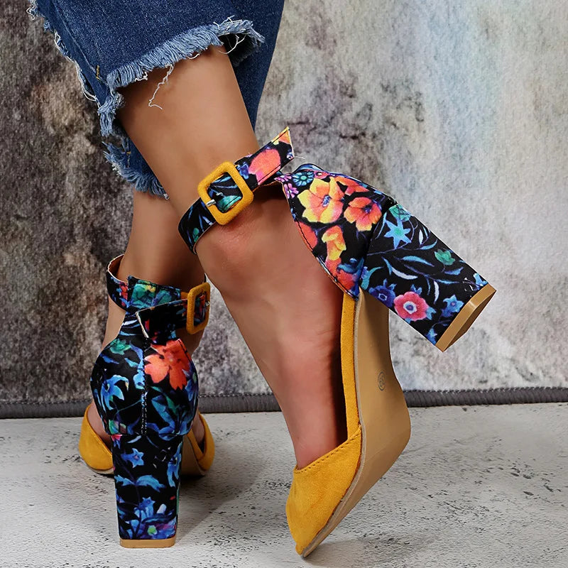 Scarpe da Donna di Moda Gialle con Fiori in Flanella Colore Tacco Alto Sandali da Donna Décolleté Punta Aperta Cinturino alla Caviglia Plateau Scarpe Estate 2023