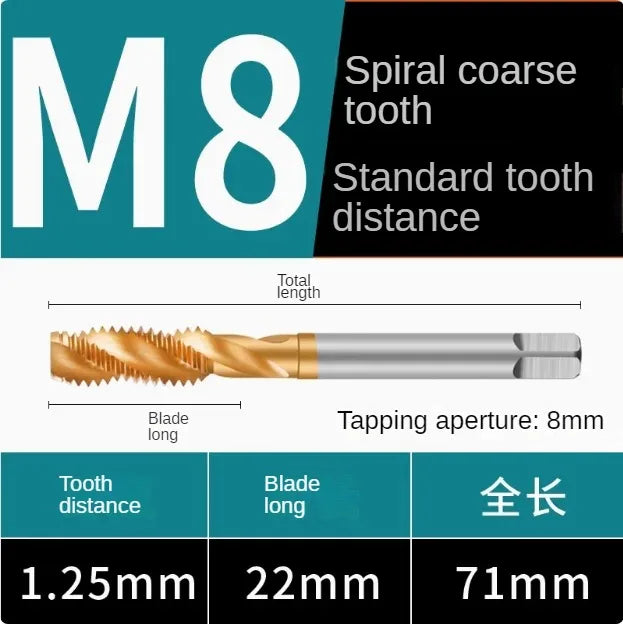 Titanium coated spiral tap extrusion tap tip tap tapping m2m2.5m3m4m5m6m8m10m12m14m16m18m20m22m24