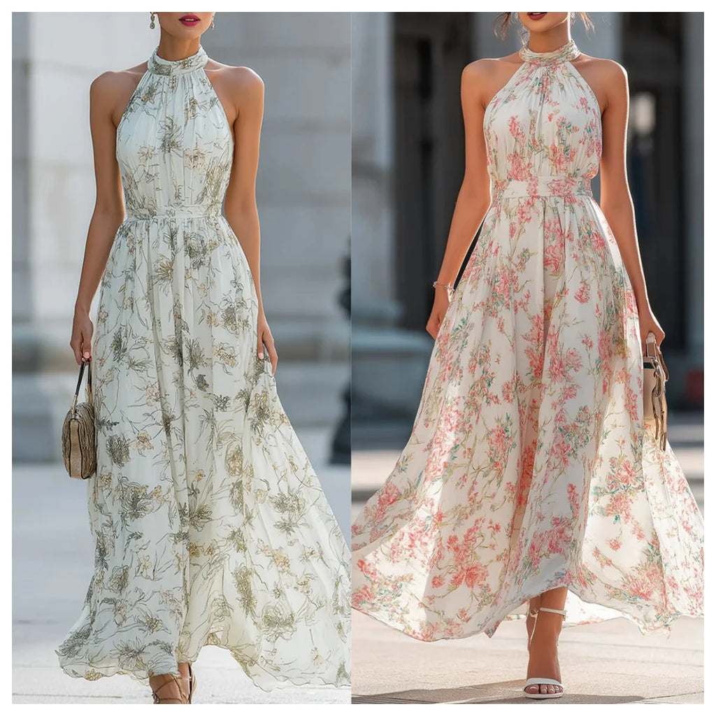 Dames Halternek Bloemenprint Maxi Jurk Hoge Taille Flowy A-lijn Lange Jurk Voor Zomer Strandfeest Bruiloftsgast