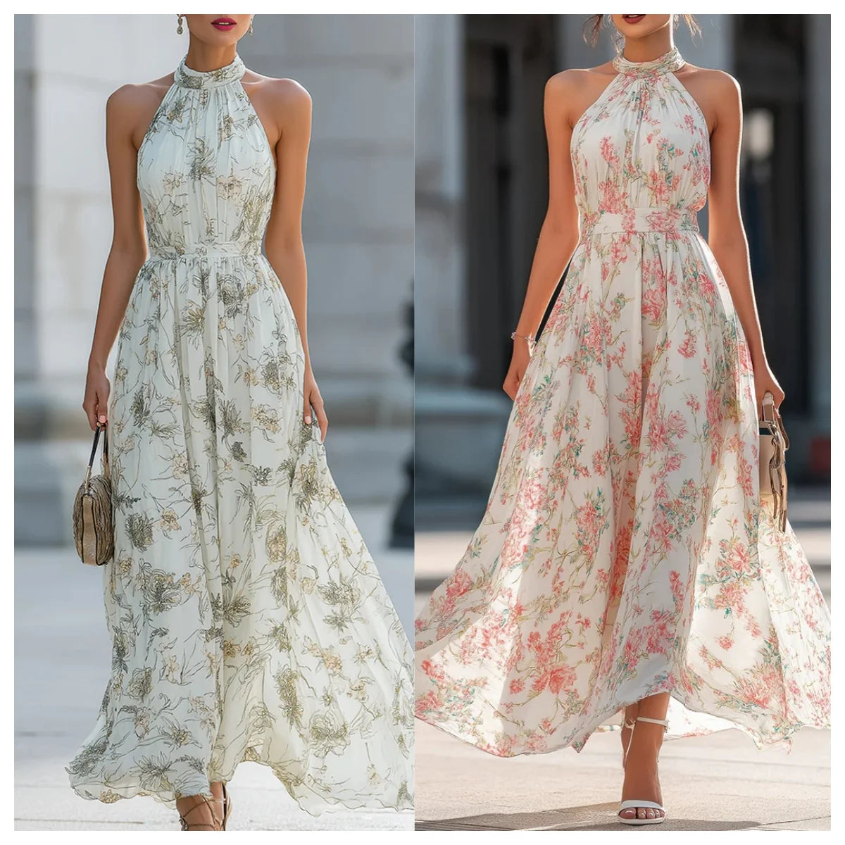 Dames Halternek Bloemenprint Maxi Jurk Hoge Taille Flowy A-lijn Lange Jurk Voor Zomer Strandfeest Bruiloftsgast