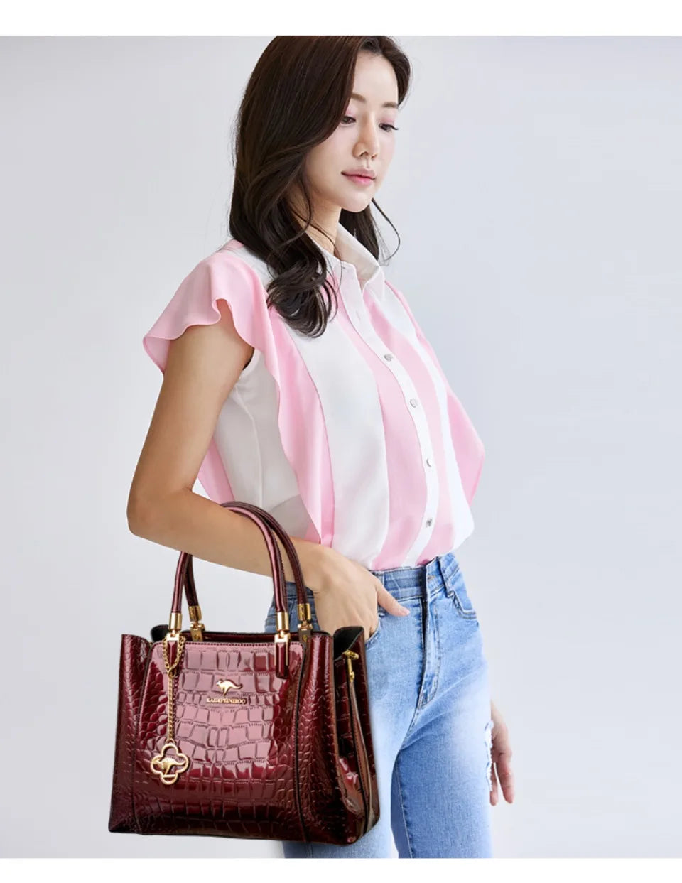 KAIDIFEINIROO Borsa a tracolla casual con marchio Kangaroo in pelle PU ad olio Borsa a mano da donna Borsa a tracolla a grande capacità a tre strati