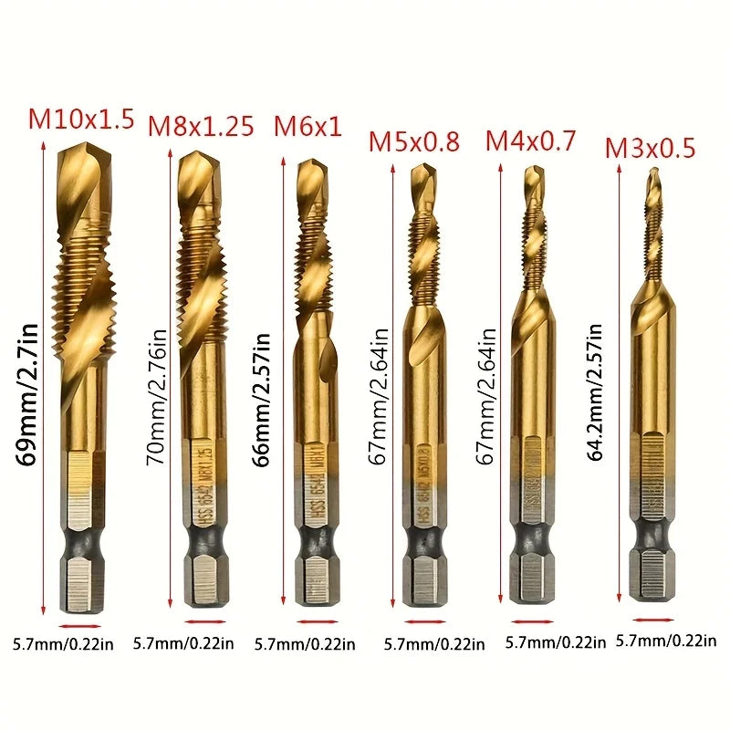 12 stuks titanium gecoate HSS-tapboorbitset met zeskantschacht voor precieze boor- en tapwerkzaamheden