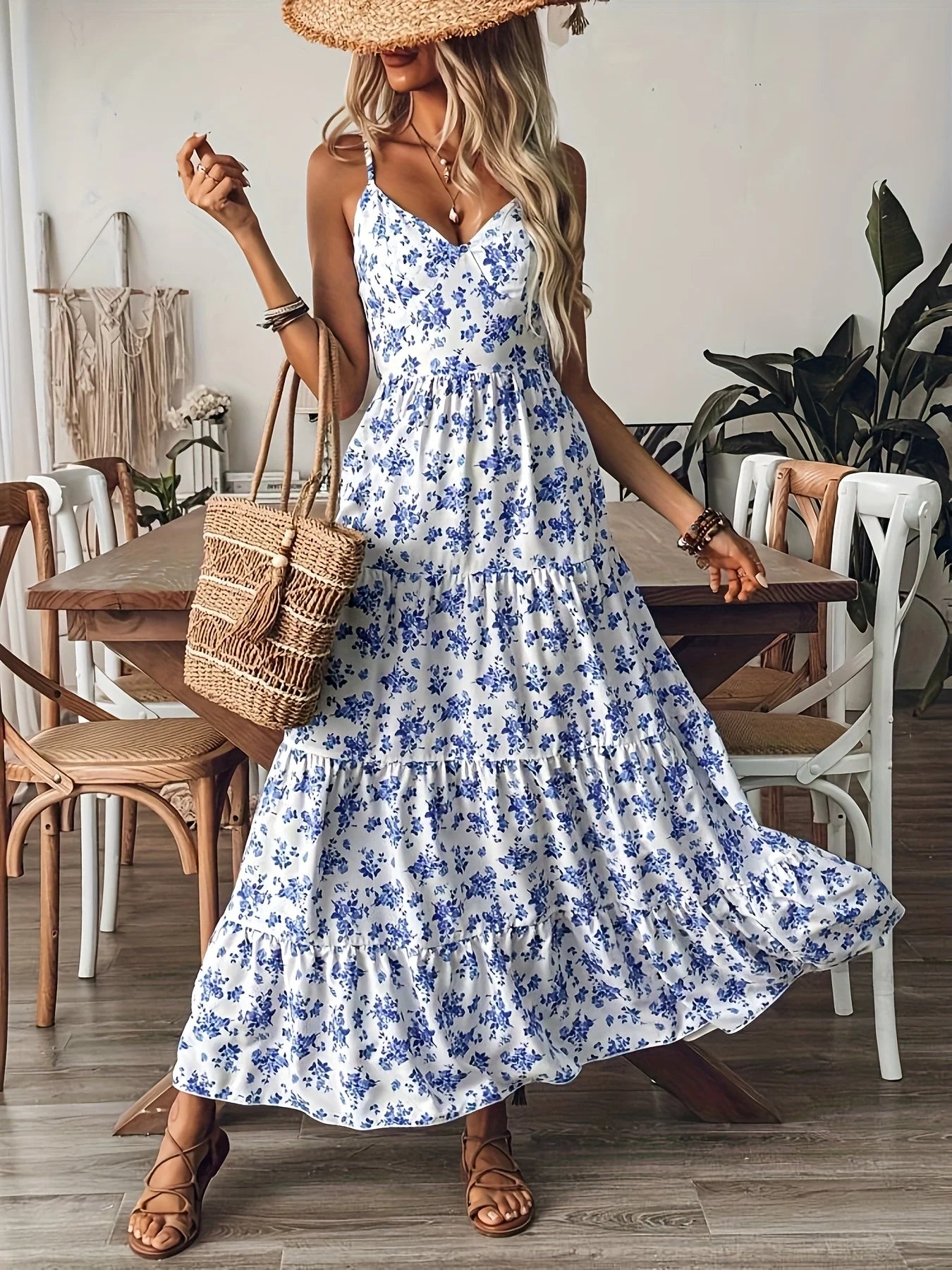 Women's Blue Floral Print Maxi Dress V-Neck Spaghetti Strap Backless Bow Tie Tiered Long Dress 2026 Summer Casual Beach Sundress