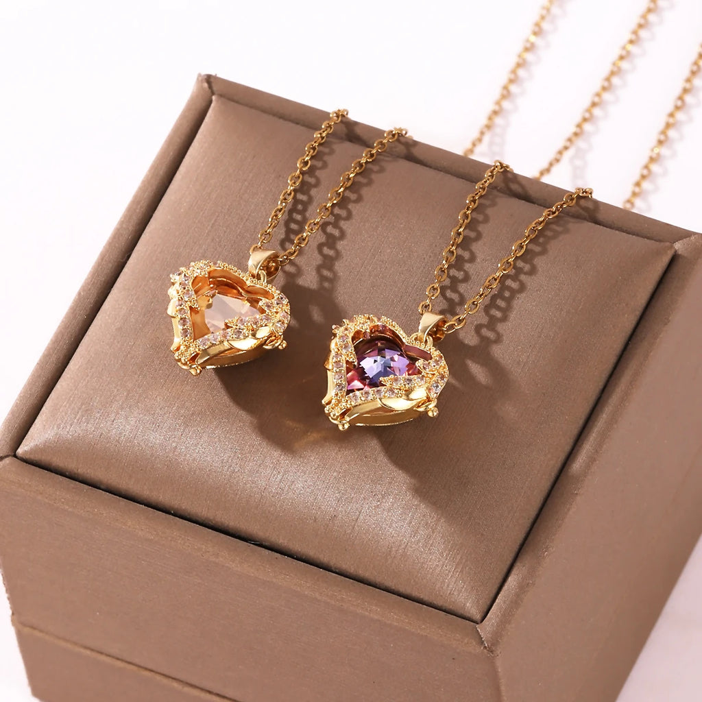 Collana Pendente Cuore Oceano in Cristallo Colorato di Lusso Top per Donna Trendy Gioielli in Acciaio Inossidabile 316L Catena da Collo Femminile per Matrimonio