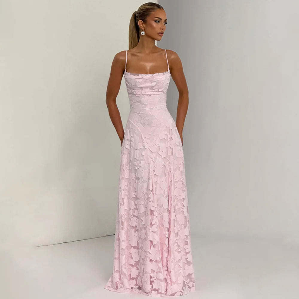 Jacquard Chiffon Lange Jurk Dames Mouwloze Bandage Jurken Zomer Avond Bruiloft Gast Groen Wit Bordeauxrood Roze Afstuderen