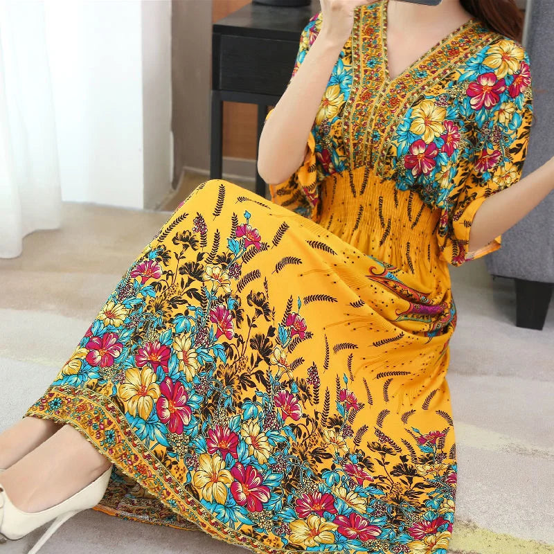 Long Women's Dress Boho Ethnic Bohemian Beach Cotton Blend Artificial Floral Short Sleeve V-neck Vintage Vacation Vestidos Robe