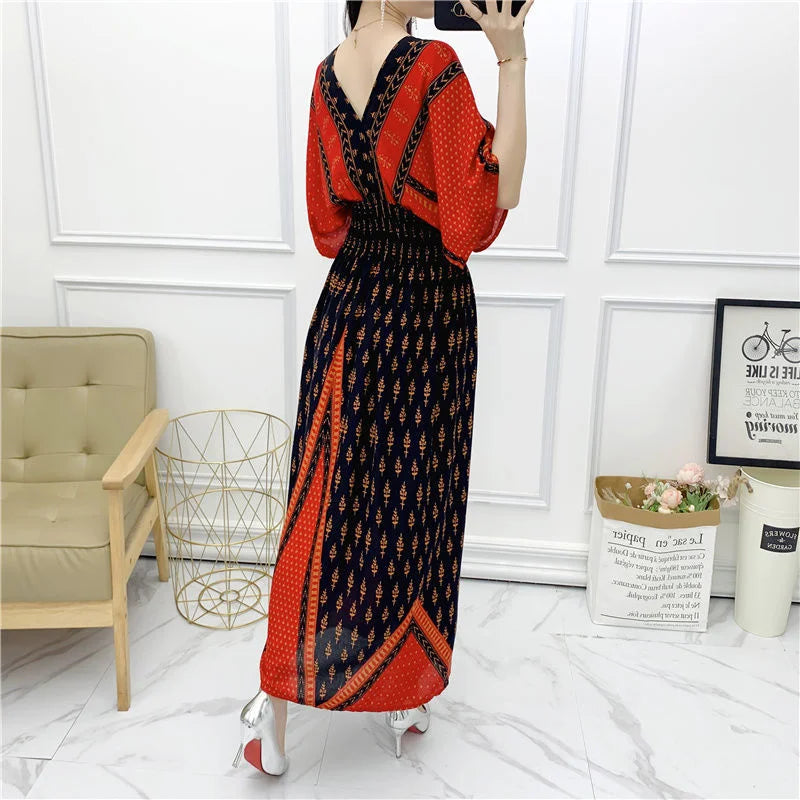 Long Women's Dress Boho Ethnic Bohemian Beach Cotton Blend Artificial Floral Short Sleeve V-neck Vintage Vacation Vestidos Robe