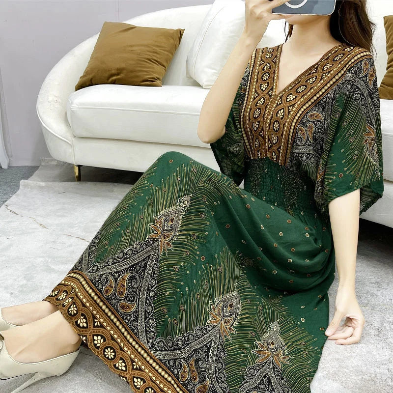Long Women's Dress Boho Ethnic Bohemian Beach Cotton Blend Artificial Floral Short Sleeve V-neck Vintage Vacation Vestidos Robe
