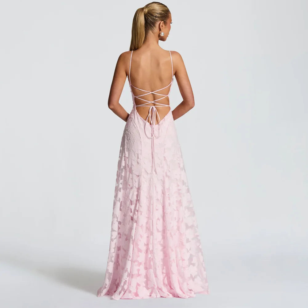 Jacquard Chiffon Lange Jurk Dames Mouwloze Bandage Jurken Zomer Avond Bruiloft Gast Groen Wit Bordeauxrood Roze Afstuderen