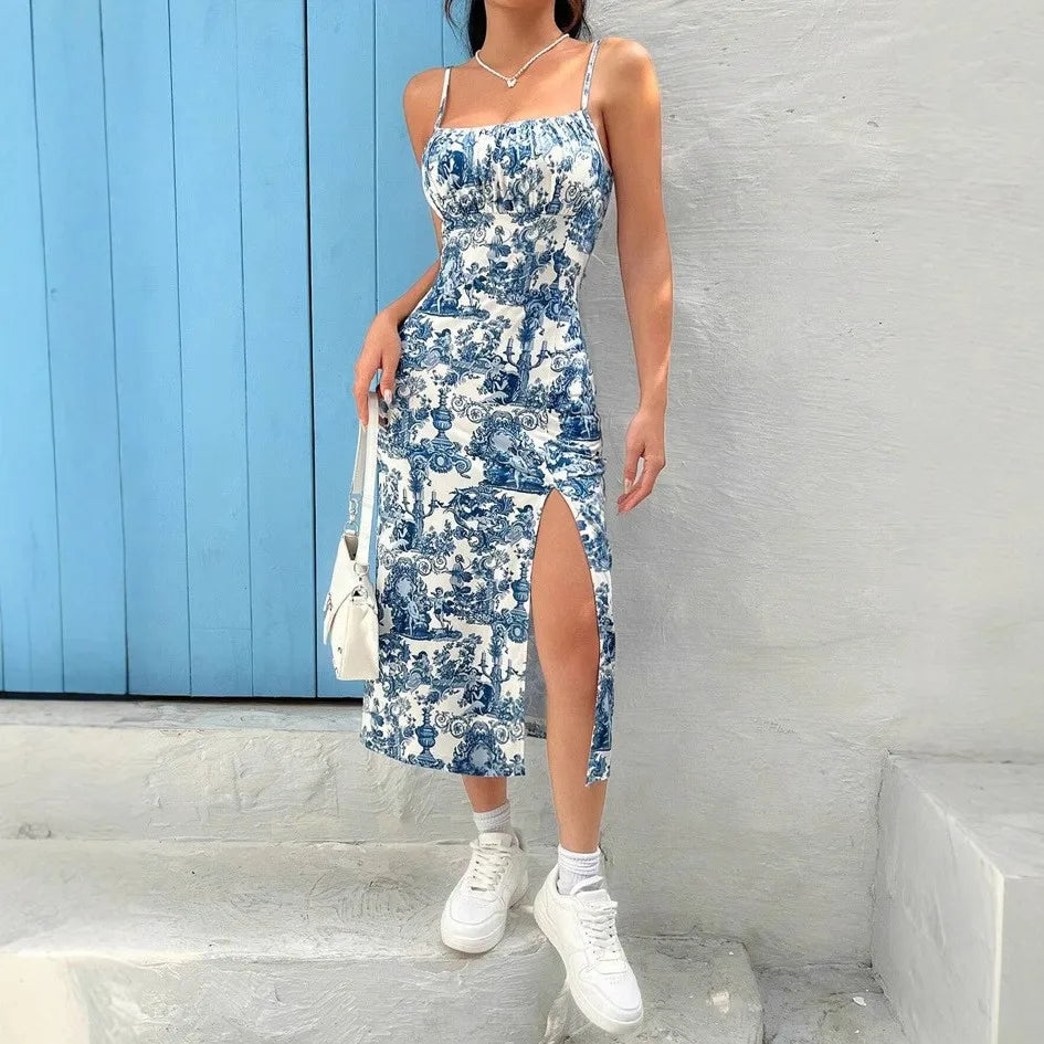 Herfst 2025 Lange Strapless Jurk Wikkelbovenstuk Hoge Split Madeliefje Luipaardprint Overlappende Rok Maxi Jurk