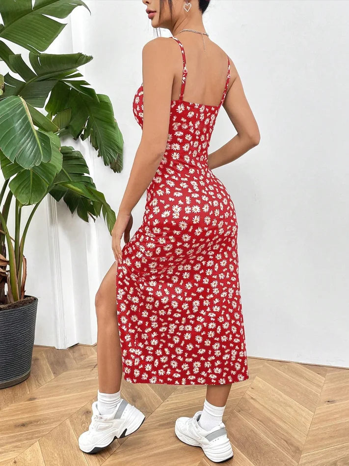 Abito lungo Autunno 2025 senza spalline, con scollo a fascia, spacco alto, stampa margherita e leopardata, gonna a portafoglio, vestito lungo