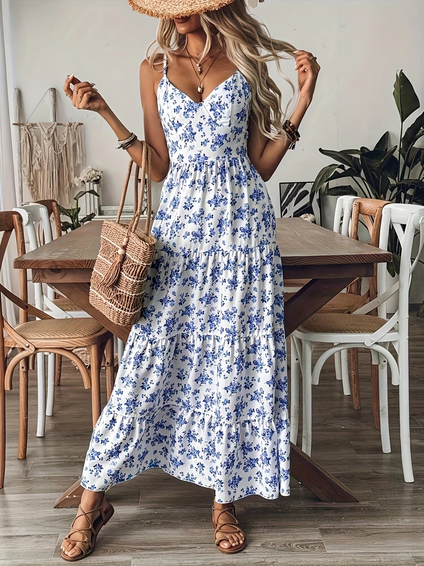 Women's Blue Floral Print Maxi Dress V-Neck Spaghetti Strap Backless Bow Tie Tiered Long Dress 2026 Summer Casual Beach Sundress