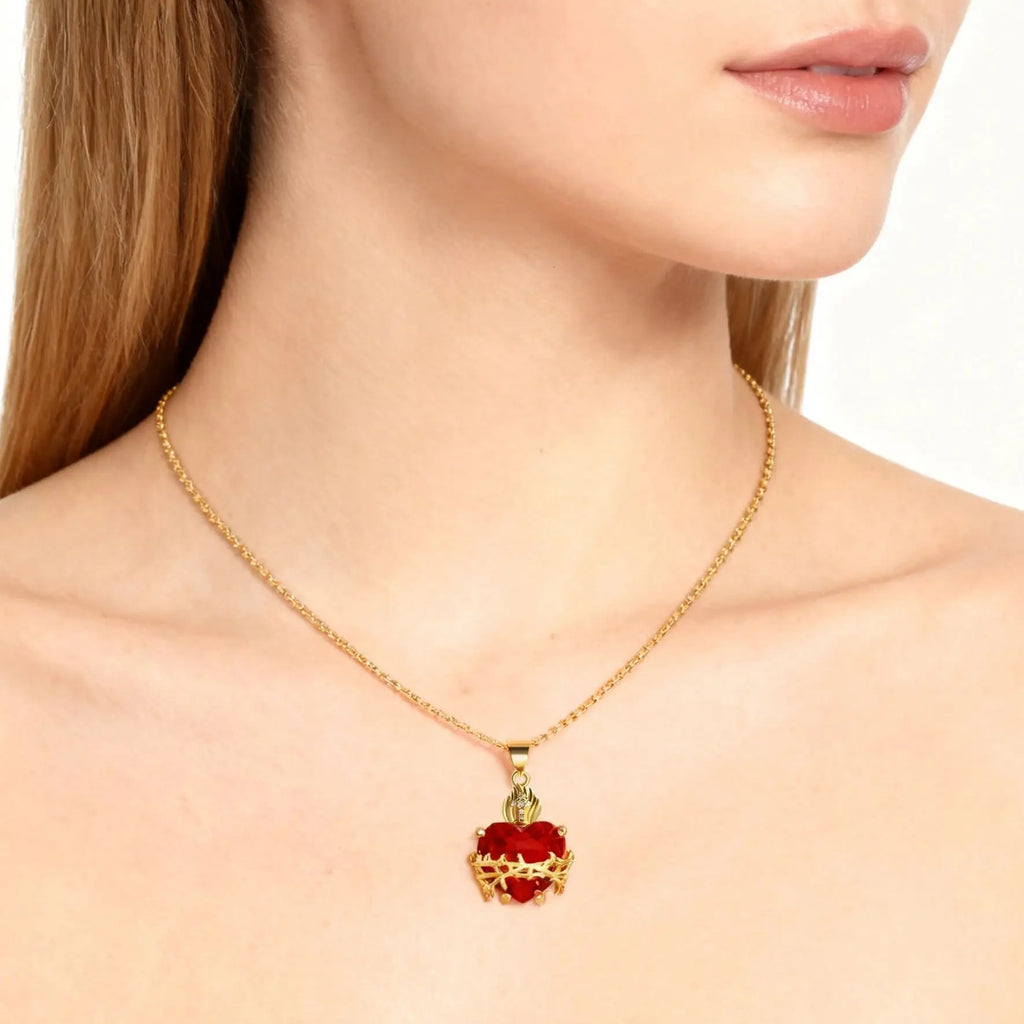 SUNSLL Sacro Cuore Rosso Croce Zircone Cubico Ciondoli Collane Lusso Donne Placcato Oro Romantico Amore Anniversario Gioielli Regalo