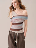 FSLE【Premium Series】Women's Asymmetrical Neck Knit Short-Sleeve T-Shirt Retro Summer 2026 New Gradient Stripe Wasteland Style
